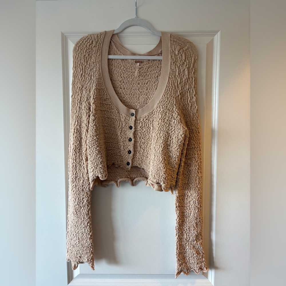 Free People Beige Textured Button-Up Cardigan